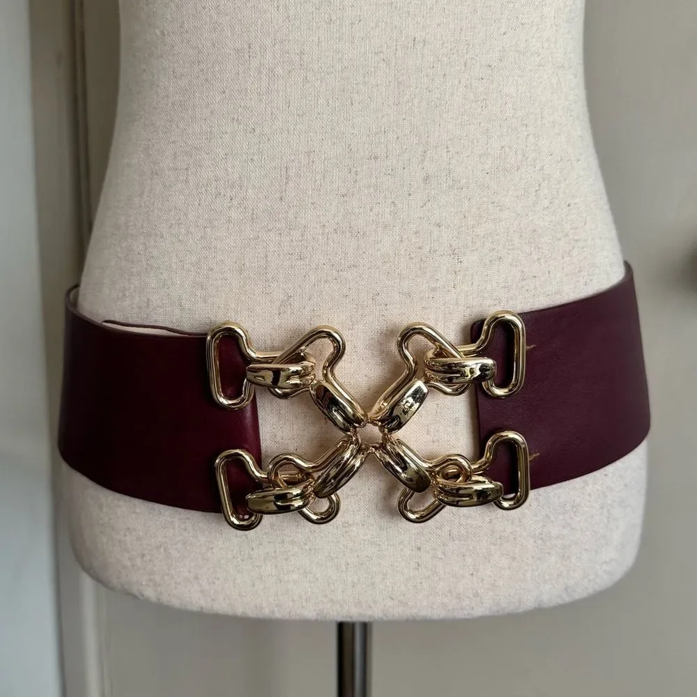 J. McLaughlin Burgundy Leather Belt with Large Gold Buckle